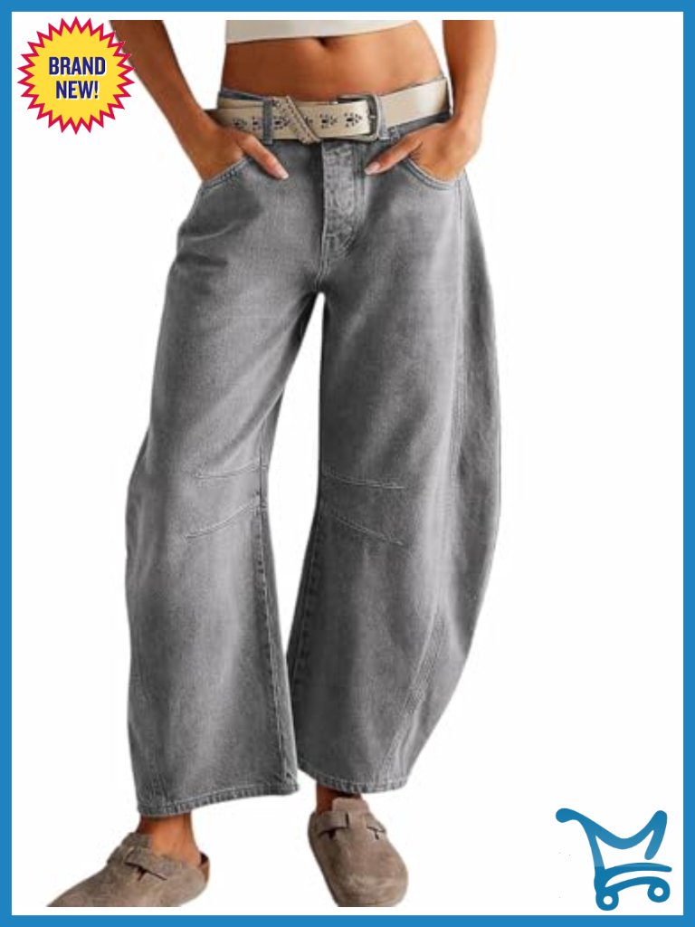 Stretchy Mid Rise Barrel Jeans Wide Leg Cropped Denim Pants Baggy Boyfriend Y2k